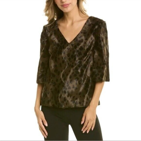 Trina Turk Womens Size Small Faux Fur Leopard Animal Print V-Neck Coquette Top - Picture 1 of 13